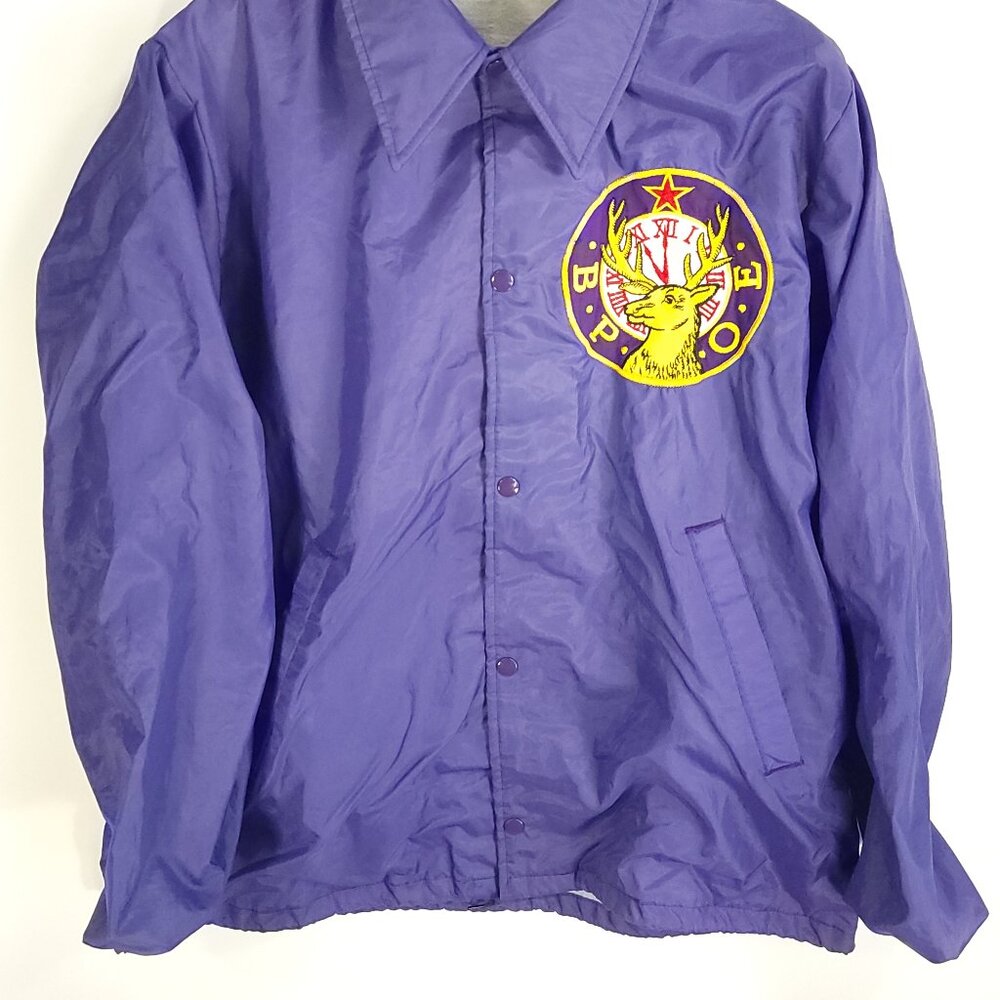 Vtg Warm Up Satin Jacket Men's XL Purple Peekskill Elks Snap Front Distressed - Picture 2 of 14